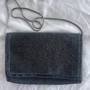 Walborg Vintage Beaded Evening Bag Gray Blue Clutch Shoulder Strap